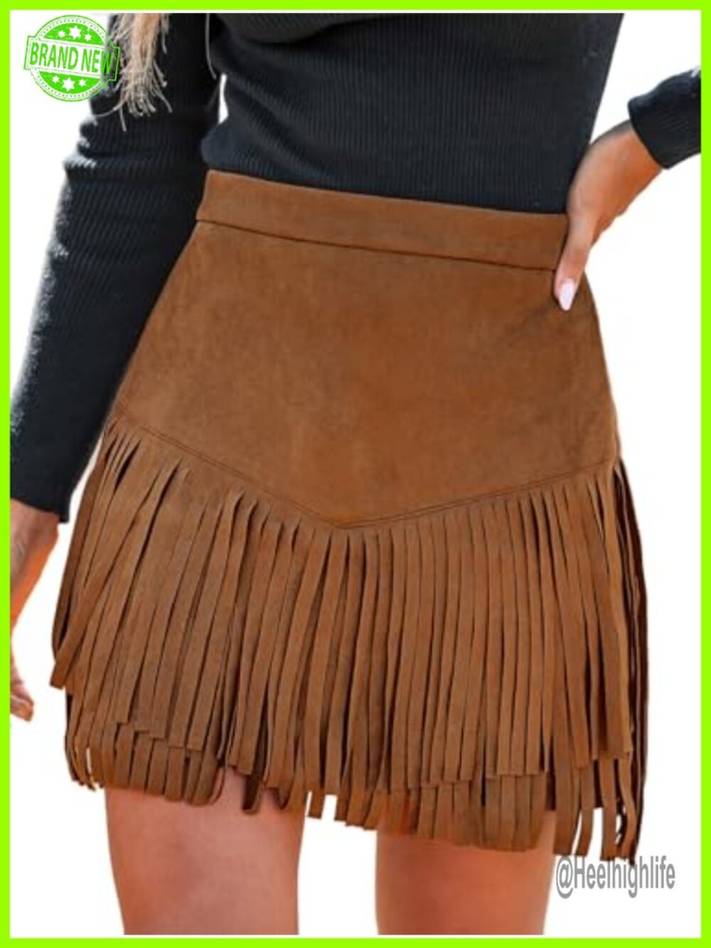 Faux Suede Fringe Mini Skirt High Waist Western A-Line Party Fringe Hem